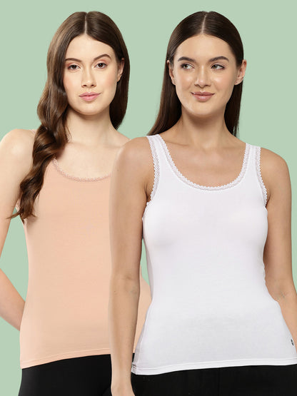 Leading Lady Women’s Solid U Neck Sleeveless Cotton Lace Camisole Regular Fit Tank Top (Pack of 2) [ LYC-02-2 ]