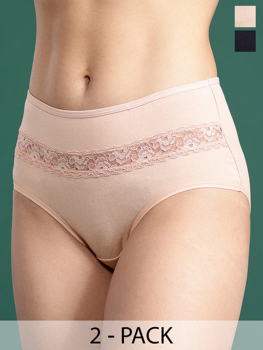 LEADING LADY Women’s Solid Pack of 2 High-Rise Laced Hipster Briefs | PN3216-BK-SKN-2 |