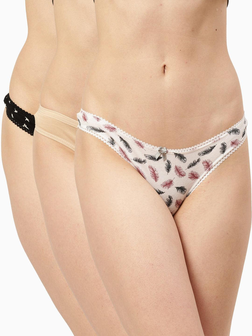Women Printed Low-Rise Thong Panty Pack of-3 | Bird | Leading Lady