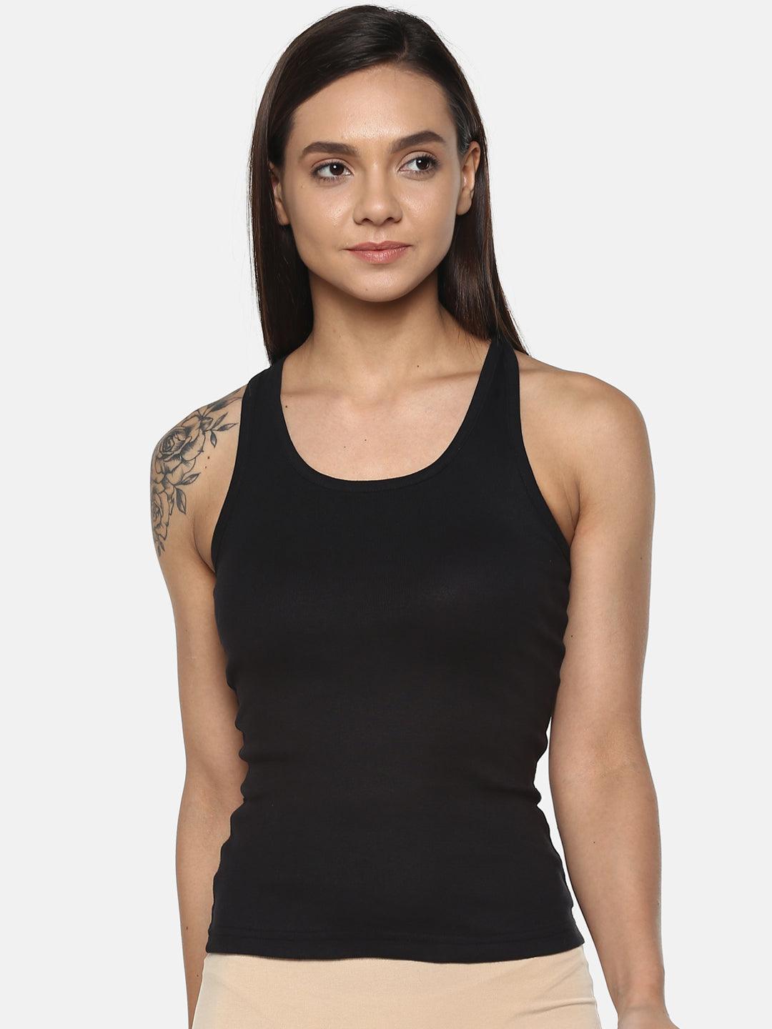 Women's Solid Pure Cotton Camisole with Racerback Style | SARA-BLK-1 | Leading Lady