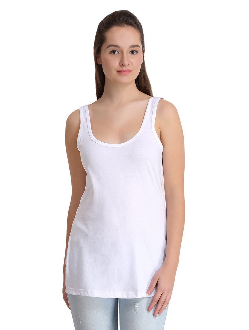 Women's Solid White Pure Cotton Long Camisole | DC-140-WH-1 | Leading Lady
